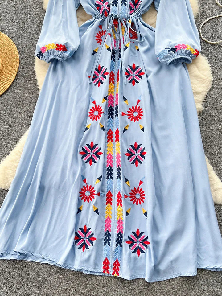 Women Spring Summer Vestidos French Sweet Embroidered V-Neck Drawstring Waist Wrap Retro Ethnic Style Fake Big Swing Dress D5823 SHOPPING HUB
