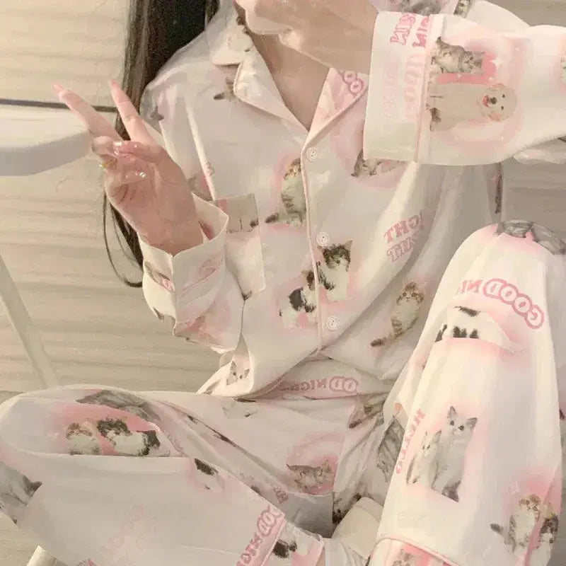 High Quality Ice Silk Cute Cat Print Summer New Thin Pajamas Female Spring Summer Silk Homewear Set Nightwear Sleepwear nightie SHOPPING HUB