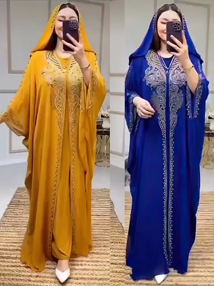 Eid Muslim Dress for Women Hooded Abaya 2 Piece Set Diamond Jalabiya Morocco Party Dresses Dubai Abayas Kaftan Vestido Long Robe SHOPPING HUB