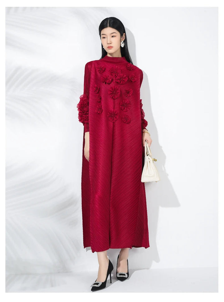 Miyake Fold 2025 Spring/summer New Long Dress Solid Color Nail Beaded Applique Bubble Sleeve Disc Flower Elastic Half-neck Dress SHOPPING HUB