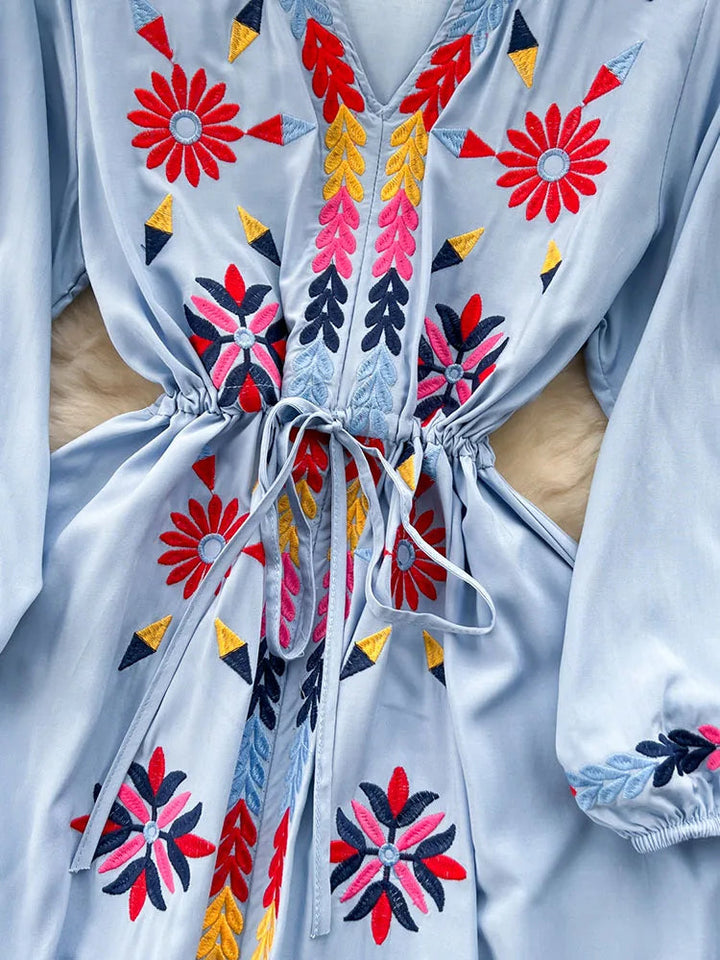 Women Spring Summer Vestidos French Sweet Embroidered V-Neck Drawstring Waist Wrap Retro Ethnic Style Fake Big Swing Dress D5823 SHOPPING HUB