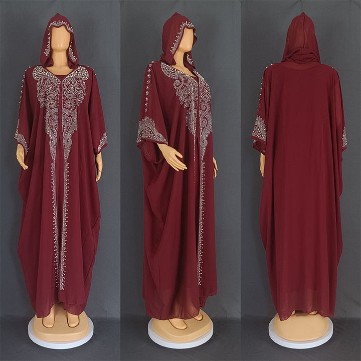 Eid Muslim Dress for Women Hooded Abaya 2 Piece Set Diamond Jalabiya Morocco Party Dresses Dubai Abayas Kaftan Vestido Long Robe SHOPPING HUB