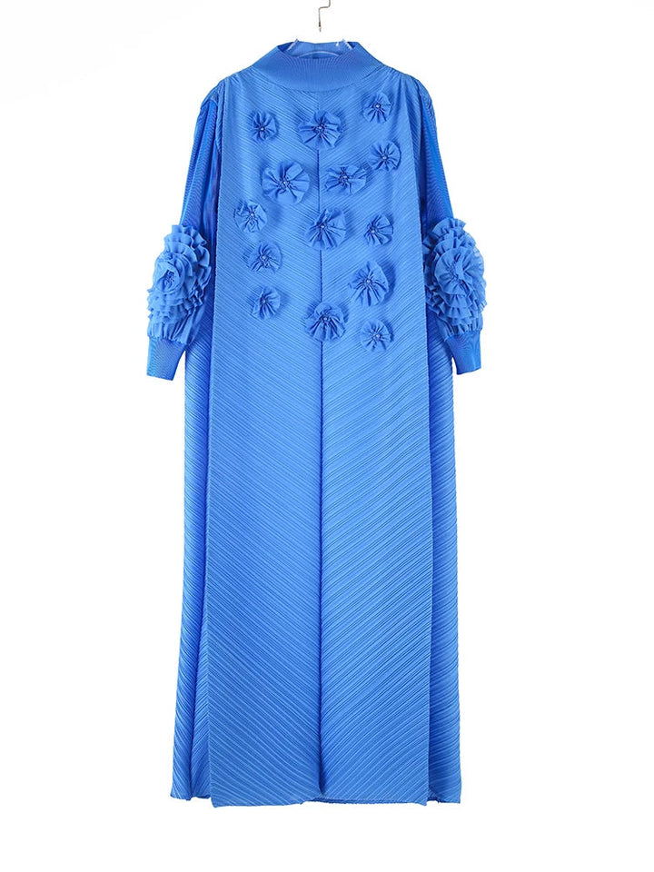 Miyake Fold 2025 Spring/summer New Long Dress Solid Color Nail Beaded Applique Bubble Sleeve Disc Flower Elastic Half-neck Dress SHOPPING HUB