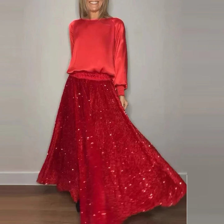 Elegant Satin round Neck Sweatshirt & Sequined Skirt Set Retro Solid Color Sequin Elastic Waist Skirt Suit For Women Outfits New SHOPPING HUB