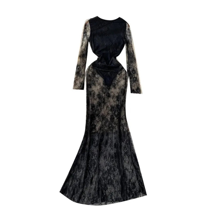 Sexy Dresses Women 2024 European American Dress Autumn Winter New See Through Lace Slim Fit Hip Hugging Long Vestidos SHOPPING HUB