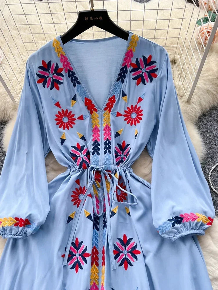 Women Spring Summer Vestidos French Sweet Embroidered V-Neck Drawstring Waist Wrap Retro Ethnic Style Fake Big Swing Dress D5823 SHOPPING HUB