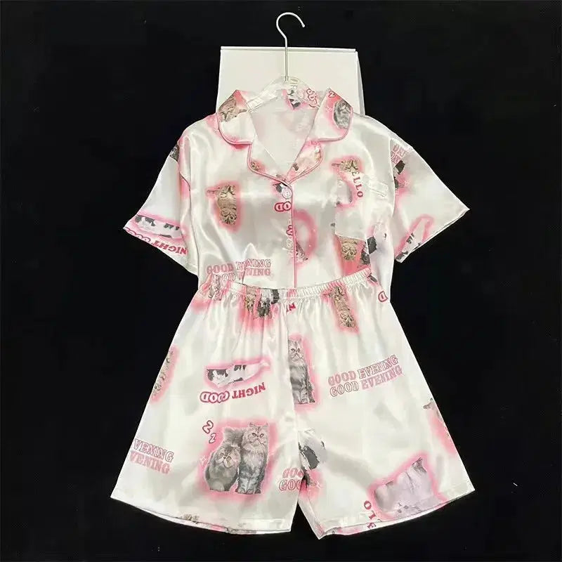 High Quality Ice Silk Cute Cat Print Summer New Thin Pajamas Female Spring Summer Silk Homewear Set Nightwear Sleepwear nightie SHOPPING HUB