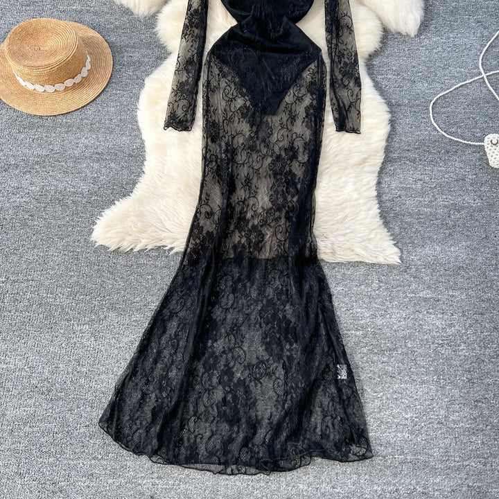 Sexy Dresses Women 2024 European American Dress Autumn Winter New See Through Lace Slim Fit Hip Hugging Long Vestidos SHOPPING HUB