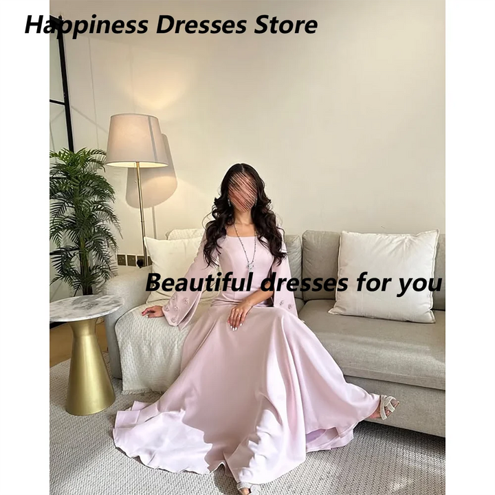 Customized Long Sleeves Square Neck Evening Dress A Line Pleat Formal Party Gown Floor Length Jersey Saudi Arab Prom Gown SHOPPING HUB