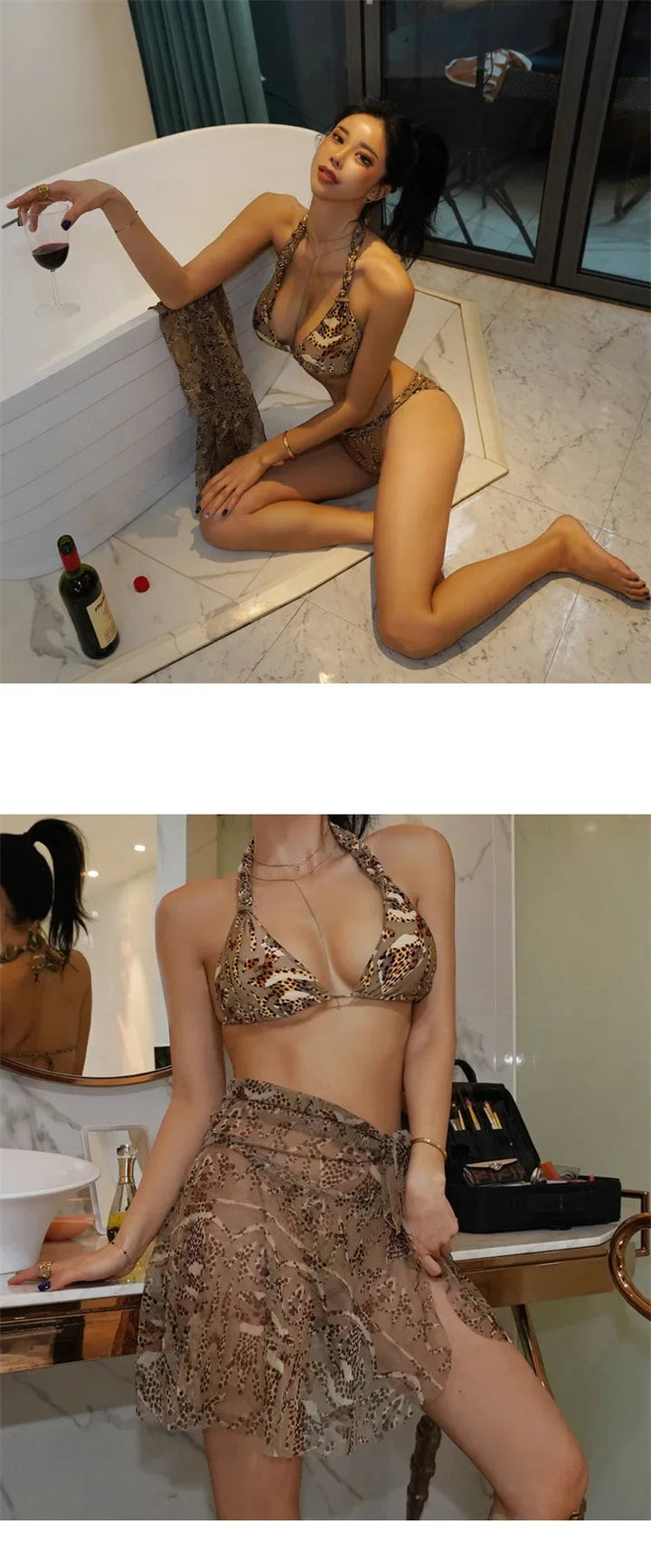 Sexy Leopard Print Bikini Set Three-Point Swimsuit with Skirt Twisted Braided Hair Dolphin Tail Separate Swimwear for Women BLYNTRA
