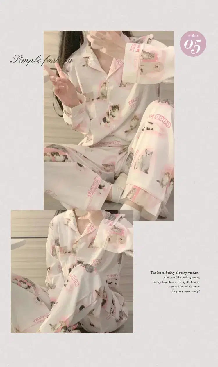 High Quality Ice Silk Cute Cat Print Summer New Thin Pajamas Female Spring Summer Silk Homewear Set Nightwear Sleepwear nightie SHOPPING HUB