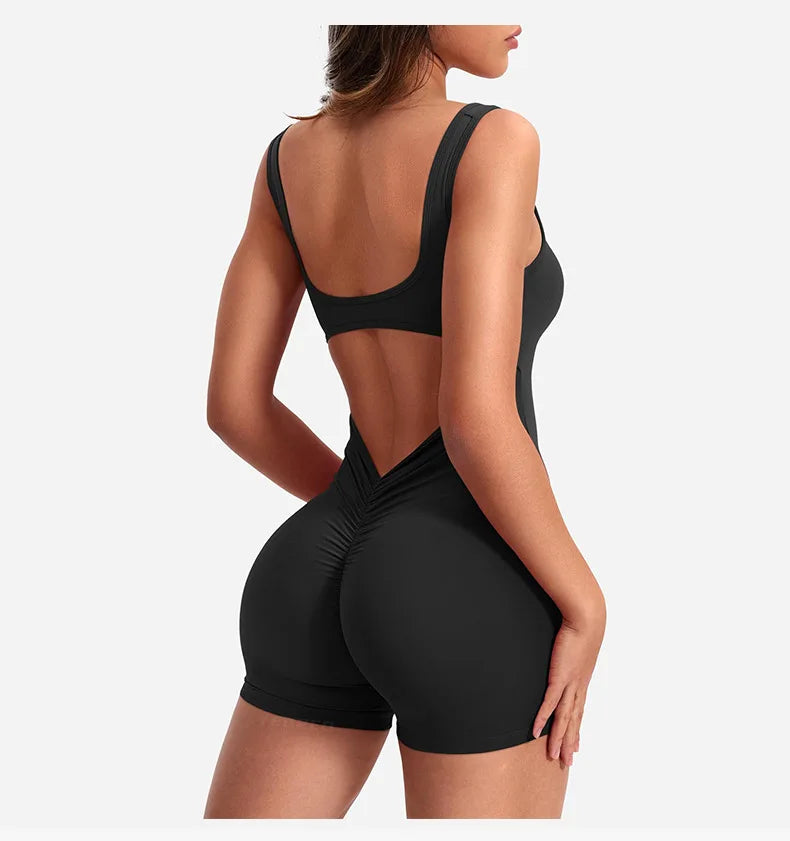 Women's Gym Clothing Yoga Solid Ruched Backless Sleeveless Square Collar Skinny Sexy Rompers Ropa Deportiva Mujer Gym Playsuits BLYNTRA