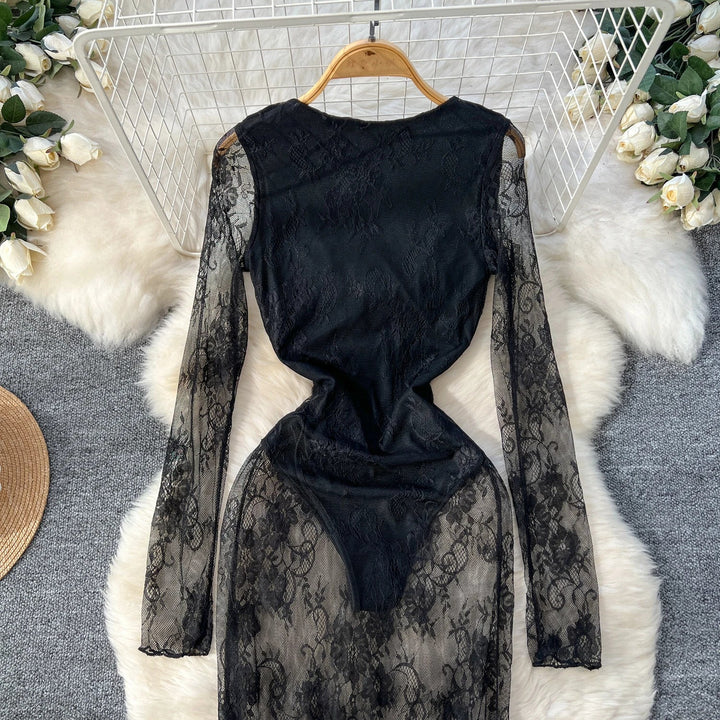 Sexy Dresses Women 2024 European American Dress Autumn Winter New See Through Lace Slim Fit Hip Hugging Long Vestidos SHOPPING HUB