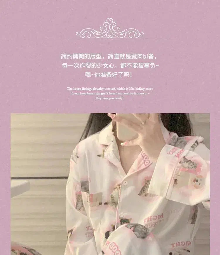 High Quality Ice Silk Cute Cat Print Summer New Thin Pajamas Female Spring Summer Silk Homewear Set Nightwear Sleepwear nightie SHOPPING HUB