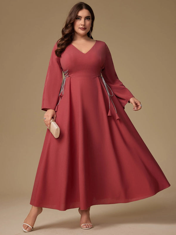 Unithorse Plus Size Women's V-Neck Belt Rhinestone Decor Mid-Length Long Sleeve Dress SHOPPING HUB