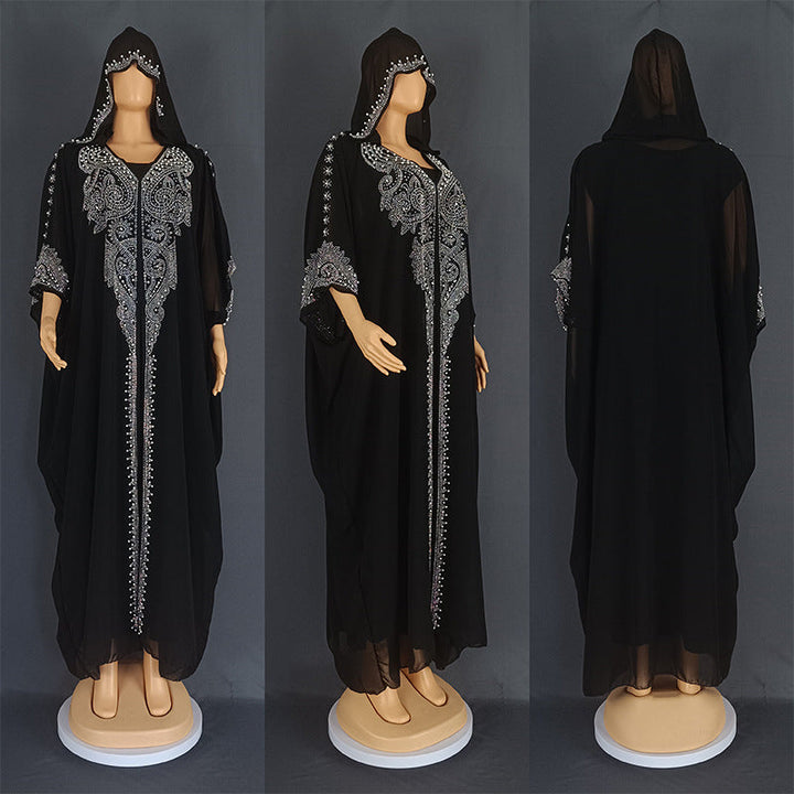 Eid Muslim Dress for Women Hooded Abaya 2 Piece Set Diamond Jalabiya Morocco Party Dresses Dubai Abayas Kaftan Vestido Long Robe SHOPPING HUB