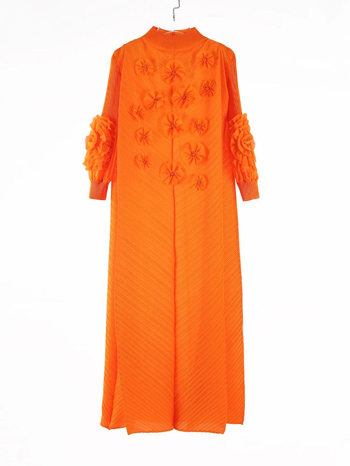 Miyake Fold 2025 Spring/summer New Long Dress Solid Color Nail Beaded Applique Bubble Sleeve Disc Flower Elastic Half-neck Dress SHOPPING HUB
