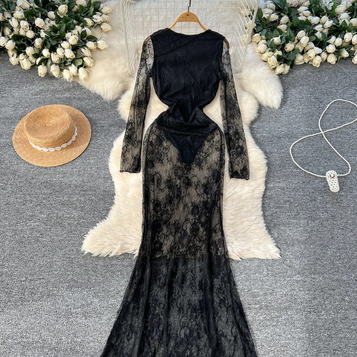 Sexy Dresses Women 2024 European American Dress Autumn Winter New See Through Lace Slim Fit Hip Hugging Long Vestidos SHOPPING HUB