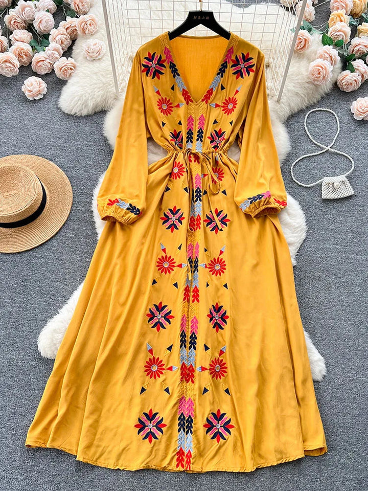 Women Spring Summer Vestidos French Sweet Embroidered V-Neck Drawstring Waist Wrap Retro Ethnic Style Fake Big Swing Dress D5823 SHOPPING HUB