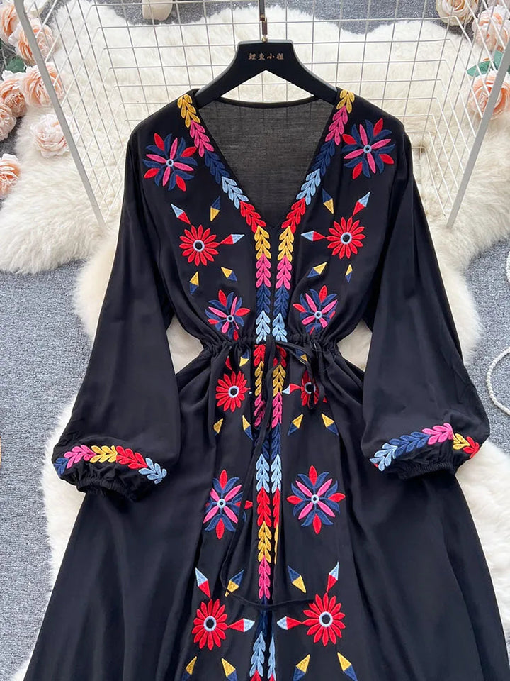 Women Spring Summer Vestidos French Sweet Embroidered V-Neck Drawstring Waist Wrap Retro Ethnic Style Fake Big Swing Dress D5823 SHOPPING HUB