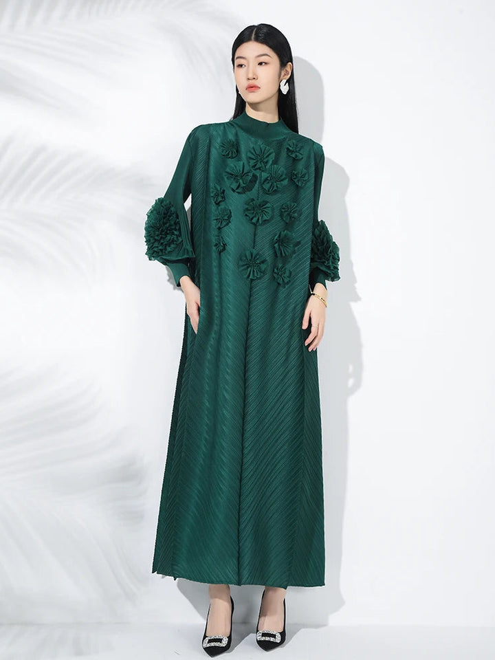 Miyake Fold 2025 Spring/summer New Long Dress Solid Color Nail Beaded Applique Bubble Sleeve Disc Flower Elastic Half-neck Dress SHOPPING HUB