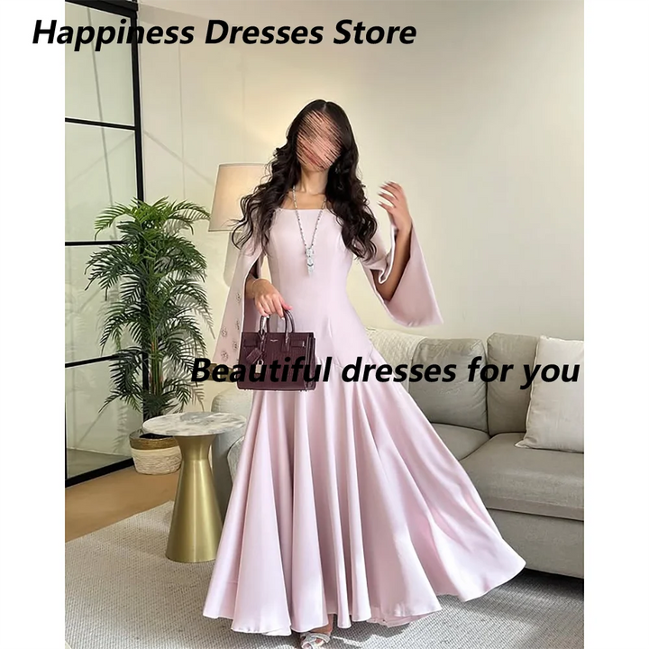 Customized Long Sleeves Square Neck Evening Dress A Line Pleat Formal Party Gown Floor Length Jersey Saudi Arab Prom Gown SHOPPING HUB