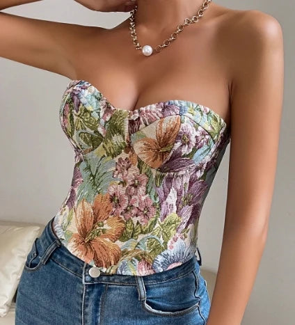 Hotsweet Sleeveless Sexy Strapless Backless Fashion Oil Painting Print Slim Short Tank Top Streetwear High Street Women Clothing BLYNTRA