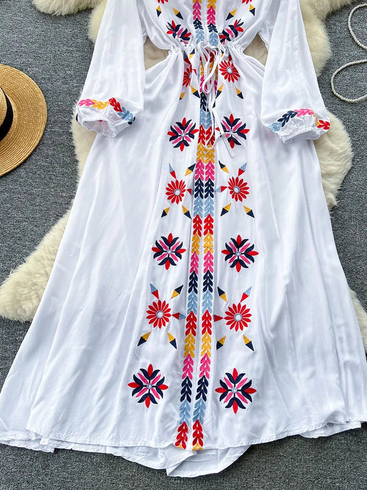 Women Spring Summer Vestidos French Sweet Embroidered V-Neck Drawstring Waist Wrap Retro Ethnic Style Fake Big Swing Dress D5823 SHOPPING HUB