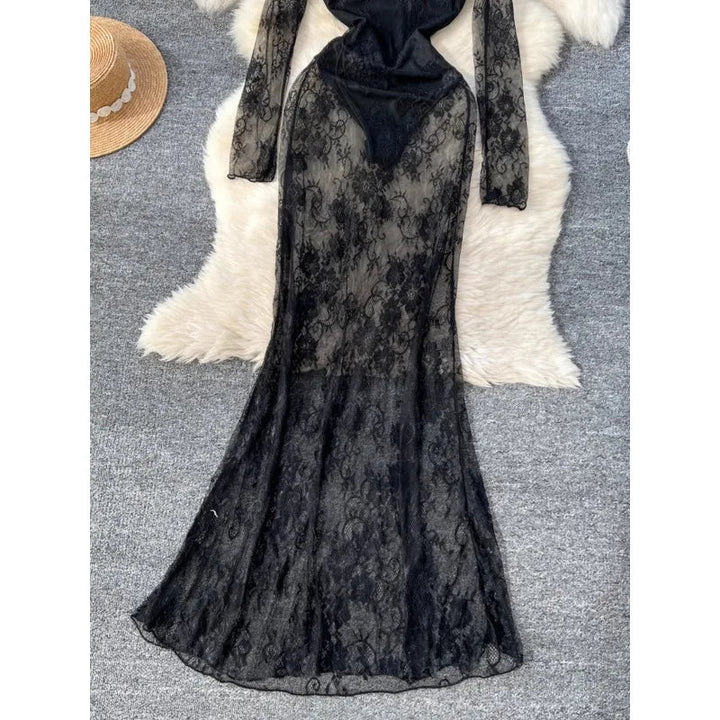 Sexy Dresses Women 2024 European American Dress Autumn Winter New See Through Lace Slim Fit Hip Hugging Long Vestidos SHOPPING HUB