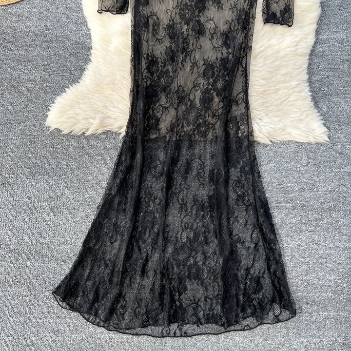 Sexy Dresses Women 2024 European American Dress Autumn Winter New See Through Lace Slim Fit Hip Hugging Long Vestidos SHOPPING HUB