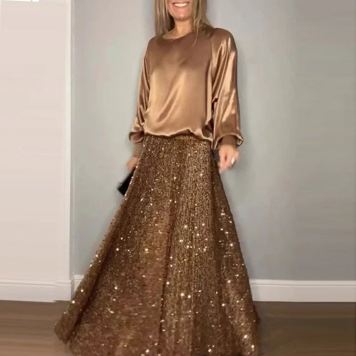 Elegant Satin round Neck Sweatshirt & Sequined Skirt Set Retro Solid Color Sequin Elastic Waist Skirt Suit For Women Outfits New SHOPPING HUB