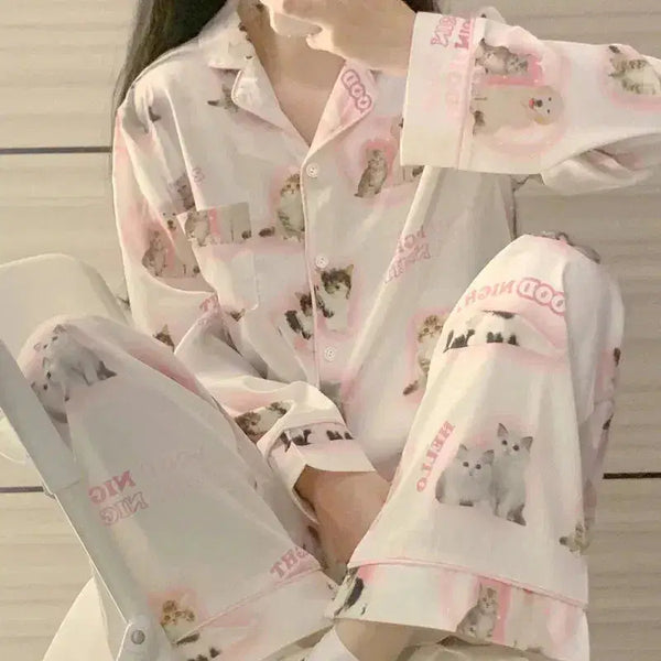High Quality Ice Silk Cute Cat Print Summer New Thin Pajamas Female Spring Summer Silk Homewear Set Nightwear Sleepwear nightie SHOPPING HUB