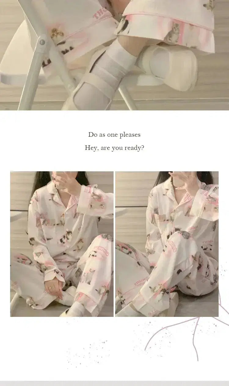 High Quality Ice Silk Cute Cat Print Summer New Thin Pajamas Female Spring Summer Silk Homewear Set Nightwear Sleepwear nightie SHOPPING HUB
