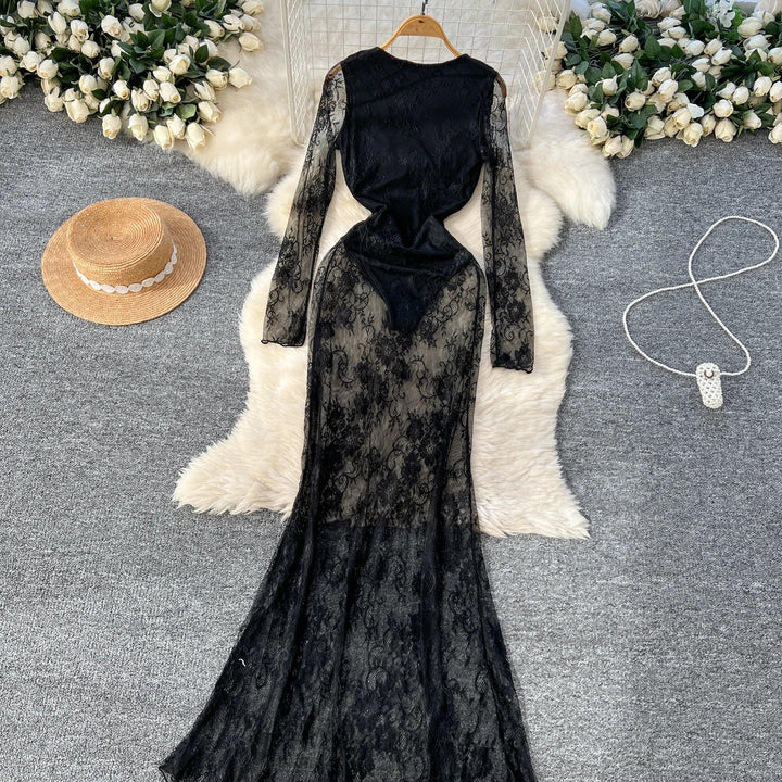 Sexy Dresses Women 2024 European American Dress Autumn Winter New See Through Lace Slim Fit Hip Hugging Long Vestidos SHOPPING HUB