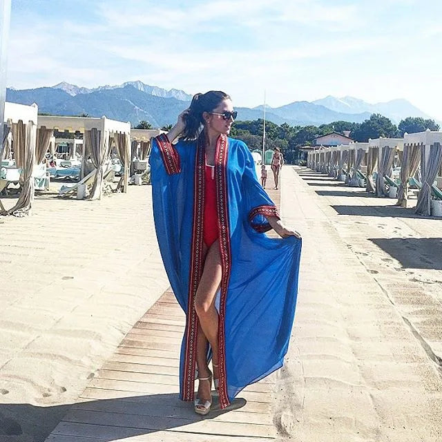 New European and American Chiffon Embroidered Cardigans Beach Sun Protection Bikini Outer Cover Ups Swimsuit Outerwear for Women SHOPPING HUB