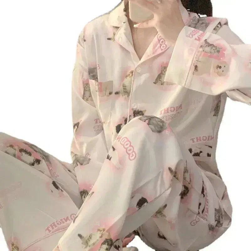 High Quality Ice Silk Cute Cat Print Summer New Thin Pajamas Female Spring Summer Silk Homewear Set Nightwear Sleepwear nightie SHOPPING HUB