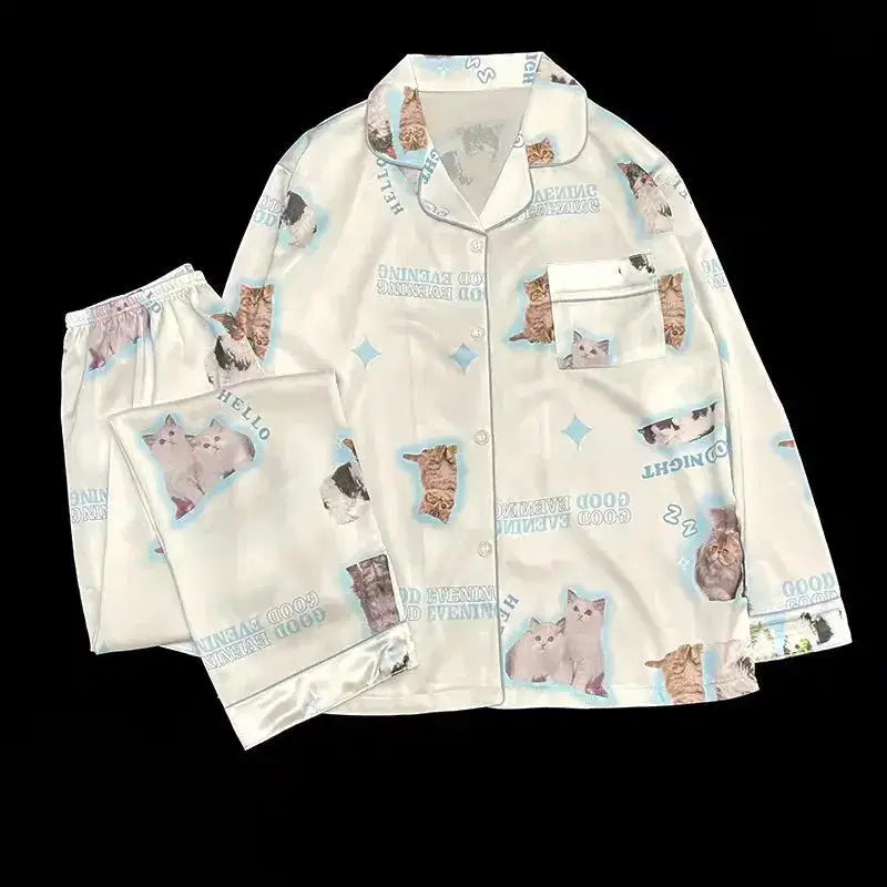 High Quality Ice Silk Cute Cat Print Summer New Thin Pajamas Female Spring Summer Silk Homewear Set Nightwear Sleepwear nightie SHOPPING HUB