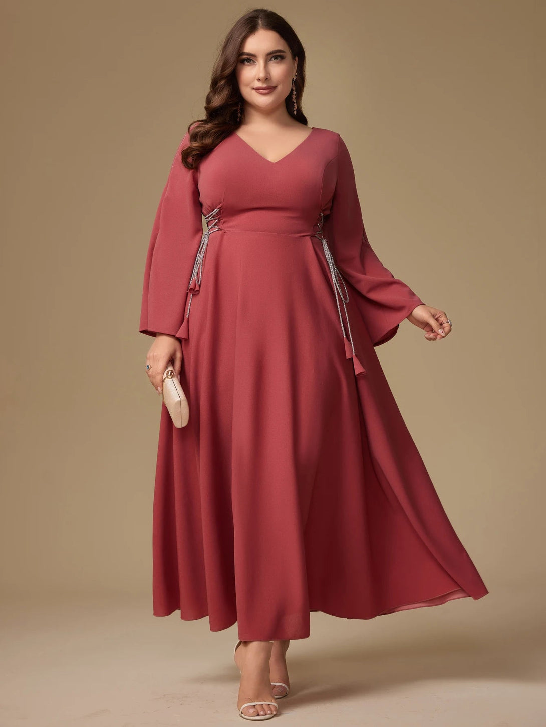 Plus Size V-Neck Belted Dress – Rhinestone Detail BLYNTRA