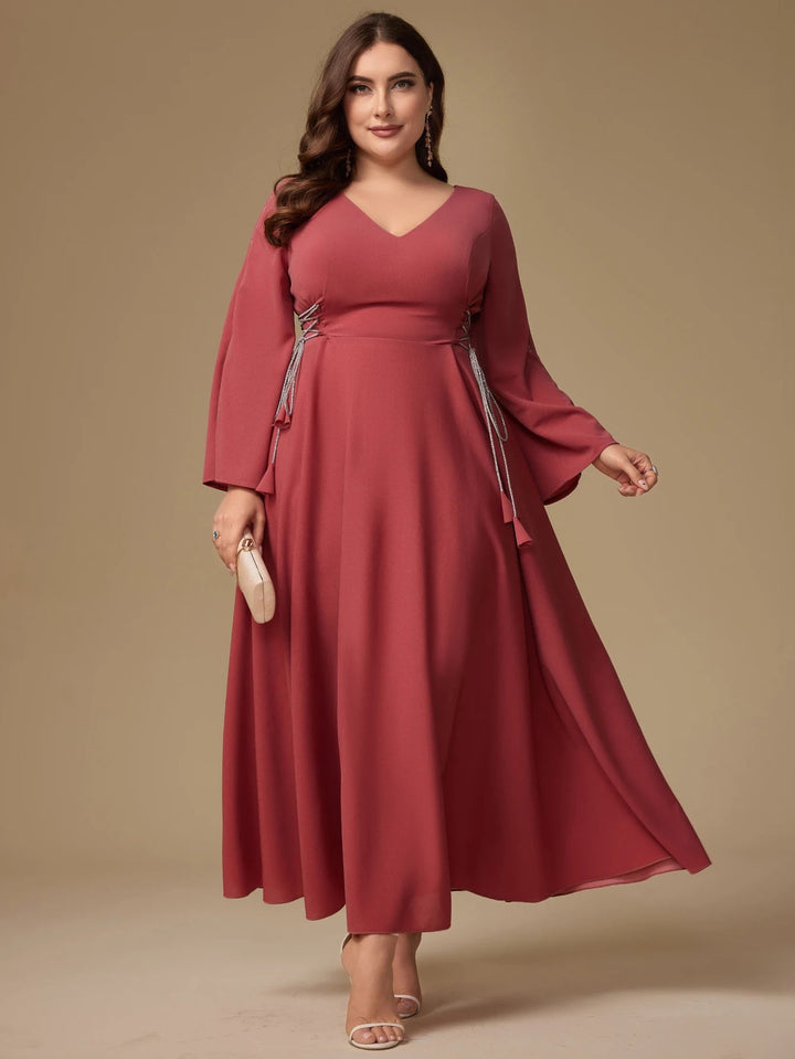 Unithorse Plus Size Women's V-Neck Belt Rhinestone Decor Mid-Length Long Sleeve Dress SHOPPING HUB