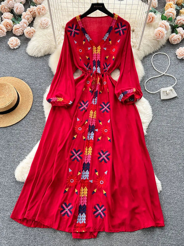 Women Spring Summer Vestidos French Sweet Embroidered V-Neck Drawstring Waist Wrap Retro Ethnic Style Fake Big Swing Dress D5823 SHOPPING HUB