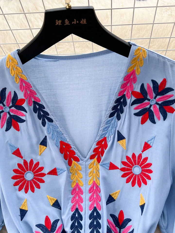 Women Spring Summer Vestidos French Sweet Embroidered V-Neck Drawstring Waist Wrap Retro Ethnic Style Fake Big Swing Dress D5823 SHOPPING HUB