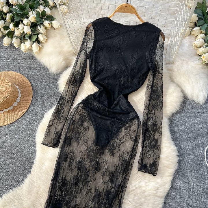 Sexy Dresses Women 2024 European American Dress Autumn Winter New See Through Lace Slim Fit Hip Hugging Long Vestidos SHOPPING HUB