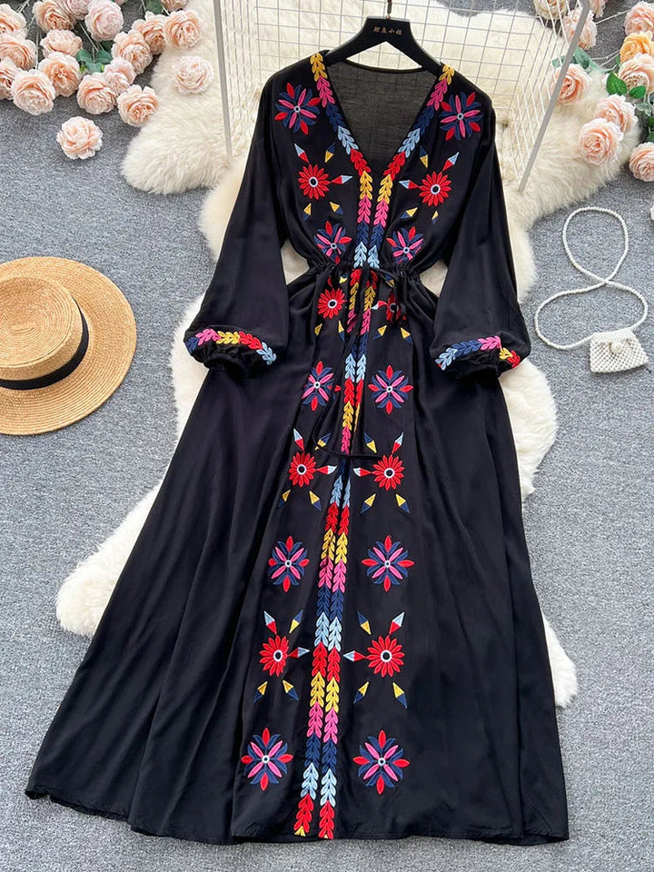 Women Spring Summer Vestidos French Sweet Embroidered V-Neck Drawstring Waist Wrap Retro Ethnic Style Fake Big Swing Dress D5823 SHOPPING HUB