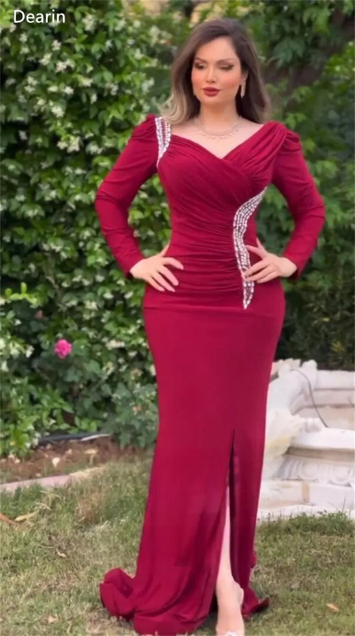 Customized Formal Dress Prom Women Dearin V-neck Mermaid Floor Length Skirts Beading Ruffle Bespoke Occasion Dresses Evening Gow SHOPPING HUB