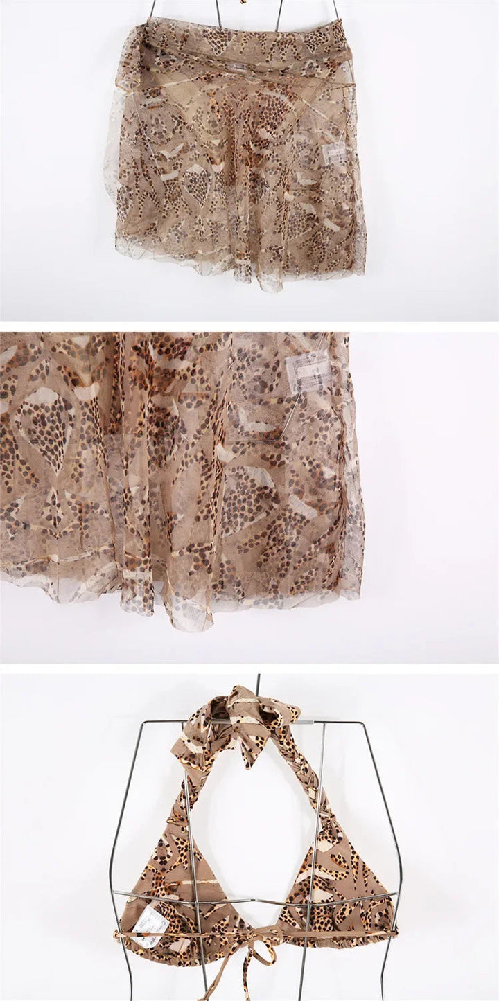 Sexy Leopard Print Bikini Set Three-Point Swimsuit with Skirt Twisted Braided Hair Dolphin Tail Separate Swimwear for Women BLYNTRA