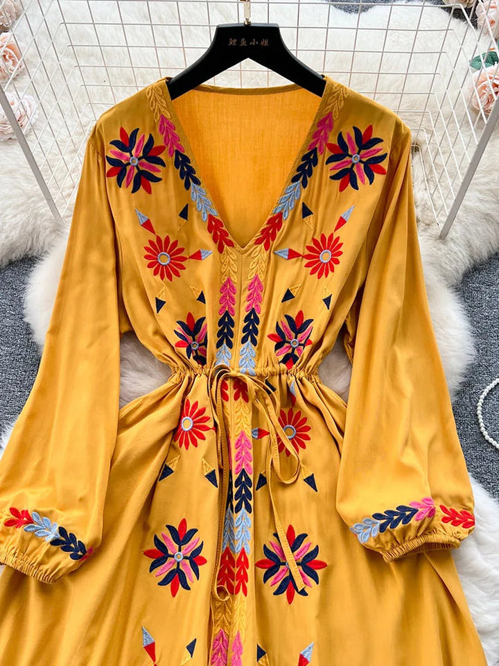 Women Spring Summer Vestidos French Sweet Embroidered V-Neck Drawstring Waist Wrap Retro Ethnic Style Fake Big Swing Dress D5823 SHOPPING HUB