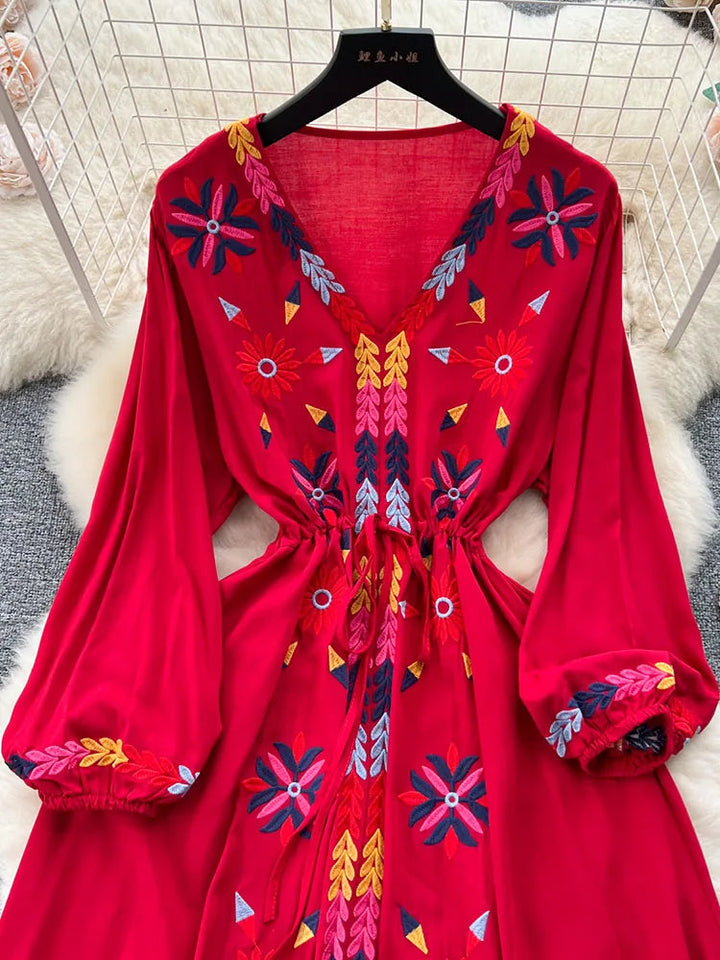 Women Spring Summer Vestidos French Sweet Embroidered V-Neck Drawstring Waist Wrap Retro Ethnic Style Fake Big Swing Dress D5823 SHOPPING HUB