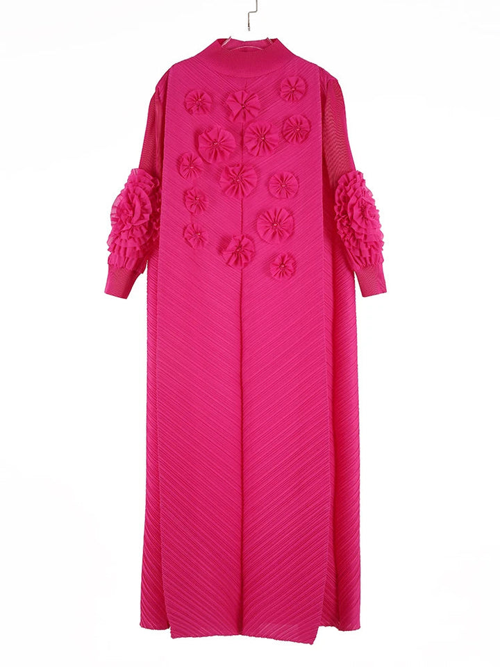 Miyake Fold 2025 Spring/summer New Long Dress Solid Color Nail Beaded Applique Bubble Sleeve Disc Flower Elastic Half-neck Dress SHOPPING HUB