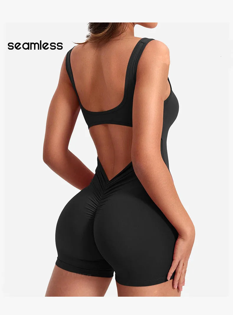 Women's Gym Clothing Yoga Solid Ruched Backless Sleeveless Square Collar Skinny Sexy Rompers Ropa Deportiva Mujer Gym Playsuits BLYNTRA
