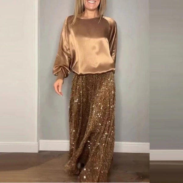 Elegant Satin round Neck Sweatshirt & Sequined Skirt Set Retro Solid Color Sequin Elastic Waist Skirt Suit For Women Outfits New SHOPPING HUB